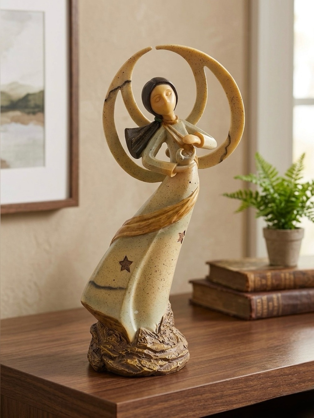 Celestial Angel Figurine Home Art Decor in Beige and Gold-resin